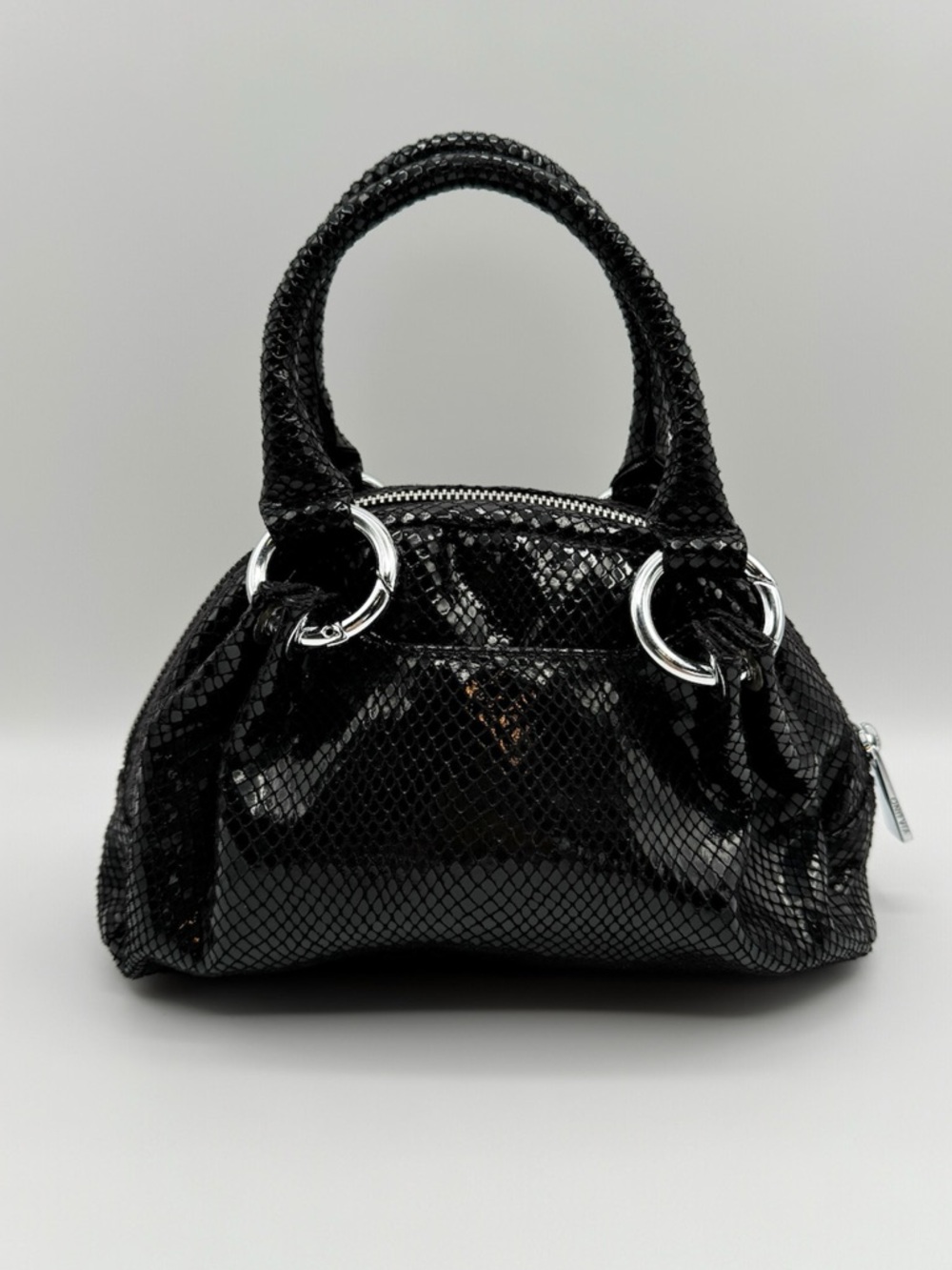 VIA‎ UNO Mini Bag Black Leather Glossy Snake Embossed Top Handle OS Party Y2K